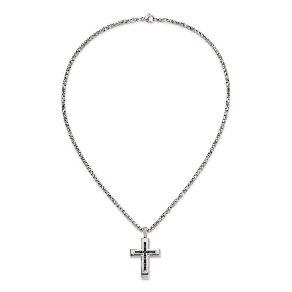 Chisel Stainless Steel Polished with Black CZ Cross Pendant on a 22 inch Box Chain NecklaceSRN3129-22