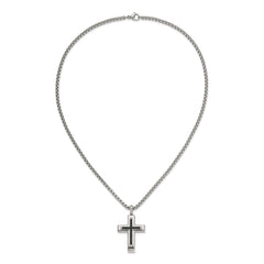 Chisel Stainless Steel Polished with Black CZ Cross Pendant on a 22 inch Box Chain NecklaceSRN3129-22