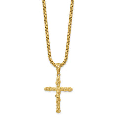 Chisel Stainless Steel Polished and Textured Yellow IP-plated Nugget Cross Pendant on a 22 inch Box Chain NecklaceSRN3131-22