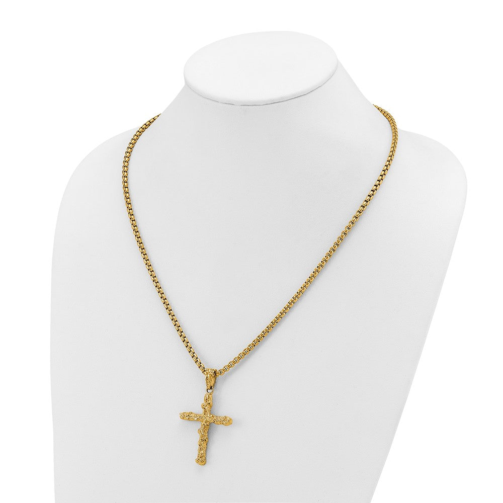 Chisel Stainless Steel Polished and Textured Yellow IP-plated Nugget Cross Pendant on a 22 inch Box Chain NecklaceSRN3131-22