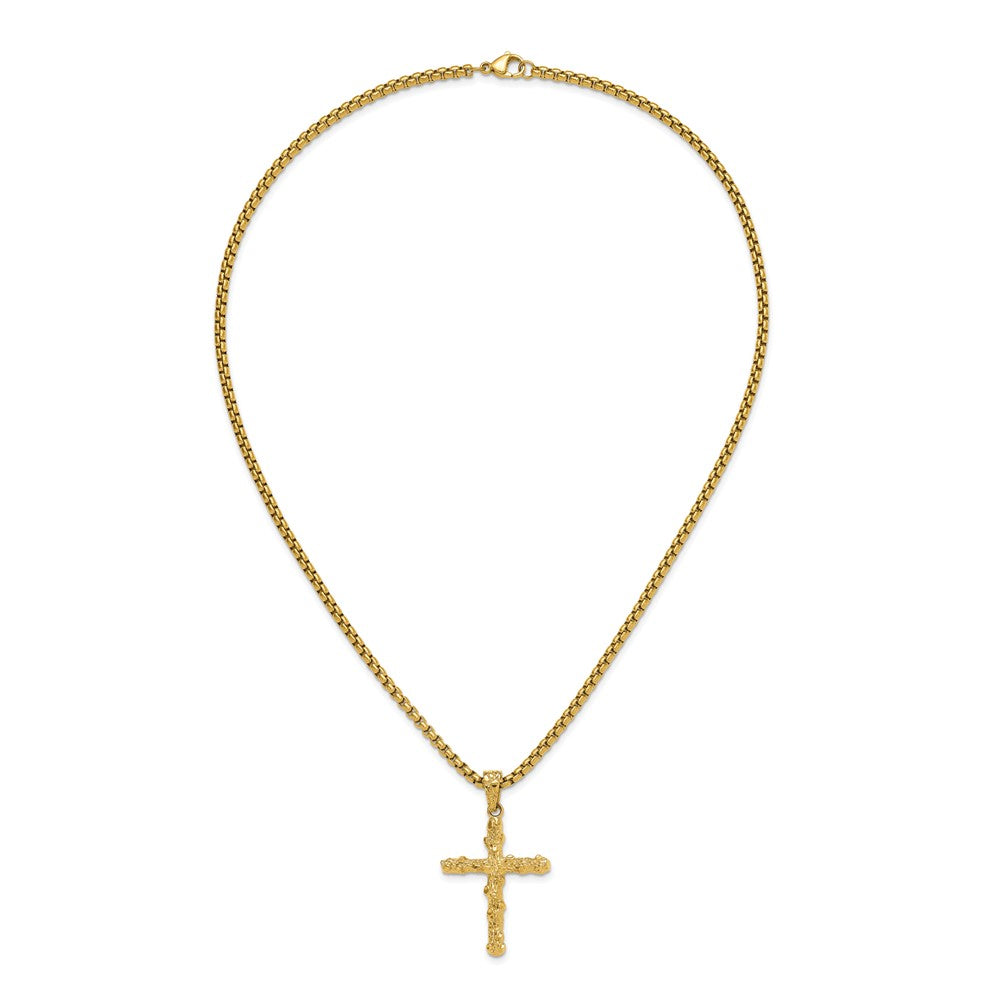 Chisel Stainless Steel Polished and Textured Yellow IP-plated Nugget Cross Pendant on a 22 inch Box Chain NecklaceSRN3131-22