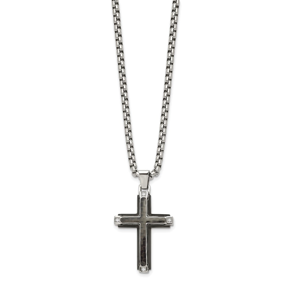 Chisel Stainless Steel Polished with CZ and Black Carbon Fiber Inlay Cross Pendant on a 22 inch Box Chain NecklaceSRN3133-22
