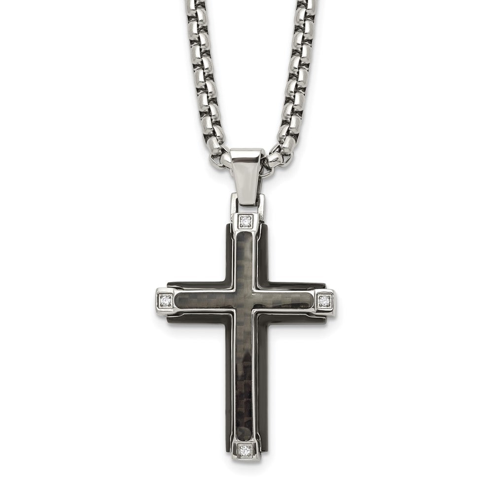 Chisel Stainless Steel Polished with CZ and Black Carbon Fiber Inlay Cross Pendant on a 22 inch Box Chain NecklaceSRN3133-22