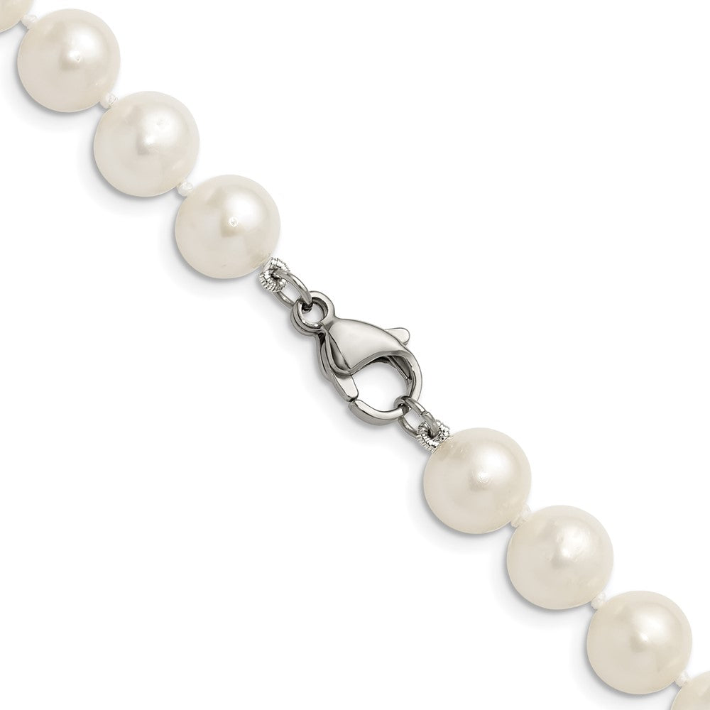 Chisel Stainless Steel Polished 9-10mm Hand Knotted White Round Freshwater Cultured Pearl 24 inch NecklaceSRN3161-24
