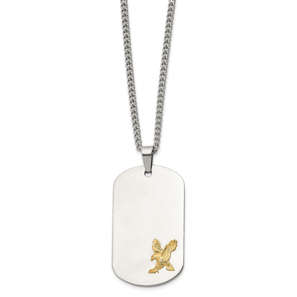 Chisel Stainless Steel Polished with 14K Gold Accent Eagle Dog Tag on a 24 inch Curb Chain NecklaceSRN3163-24