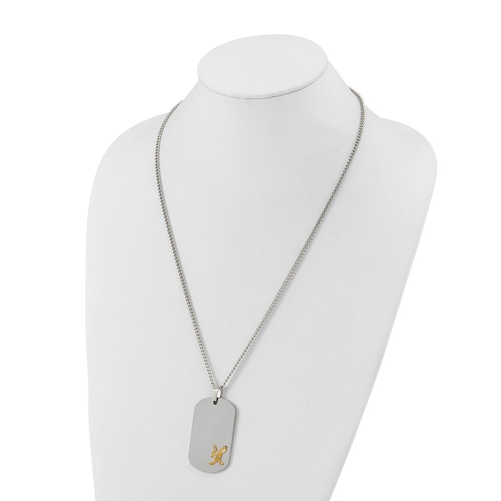 Chisel Stainless Steel Polished with 14K Gold Accent Eagle Dog Tag on a 24 inch Curb Chain NecklaceSRN3163-24