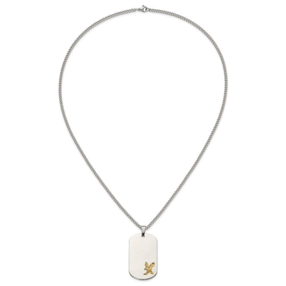 Chisel Stainless Steel Polished with 14K Gold Accent Eagle Dog Tag on a 24 inch Curb Chain NecklaceSRN3163-24