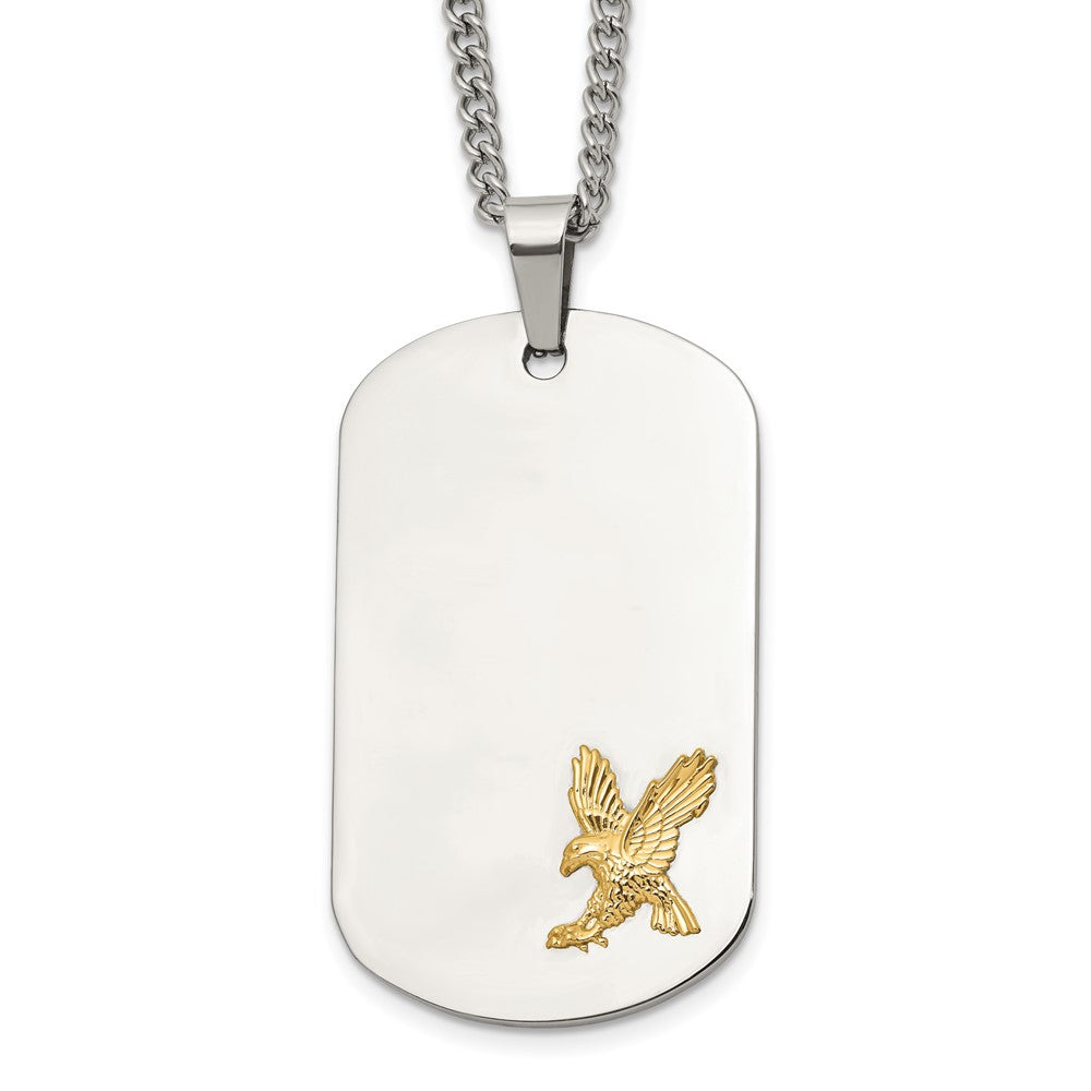 Chisel Stainless Steel Polished with 14K Gold Accent Eagle Dog Tag on a 24 inch Curb Chain NecklaceSRN3163-24