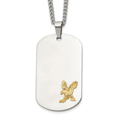 Chisel Stainless Steel Polished with 14K Gold Accent Eagle Dog Tag on a 24 inch Curb Chain NecklaceSRN3163-24