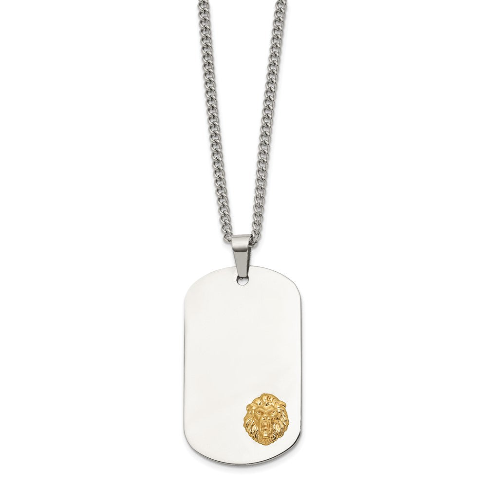 Chisel Stainless Steel Polished with 14K Gold Accent Lion Head Dog Tag on a 24 inch Curb Chain NecklaceSRN3164-24