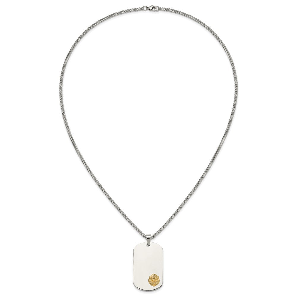 Chisel Stainless Steel Polished with 14K Gold Accent Lion Head Dog Tag on a 24 inch Curb Chain NecklaceSRN3164-24