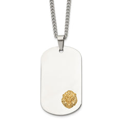Chisel Stainless Steel Polished with 14K Gold Accent Lion Head Dog Tag on a 24 inch Curb Chain NecklaceSRN3164-24