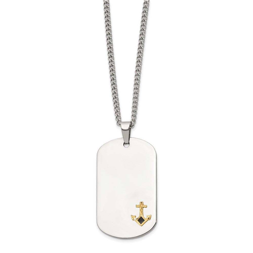 Chisel Stainless Steel Polished with Diamond-cut 14K Gold Accent Anchor with Black Enameled Dog Tag on a 24 inch Curb Chain NecklaceSRN3165-24