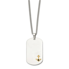 Chisel Stainless Steel Polished with Diamond-cut 14K Gold Accent Anchor with Black Enameled Dog Tag on a 24 inch Curb Chain NecklaceSRN3165-24