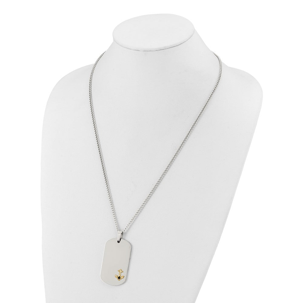 Chisel Stainless Steel Polished with Diamond-cut 14K Gold Accent Anchor with Black Enameled Dog Tag on a 24 inch Curb Chain NecklaceSRN3165-24