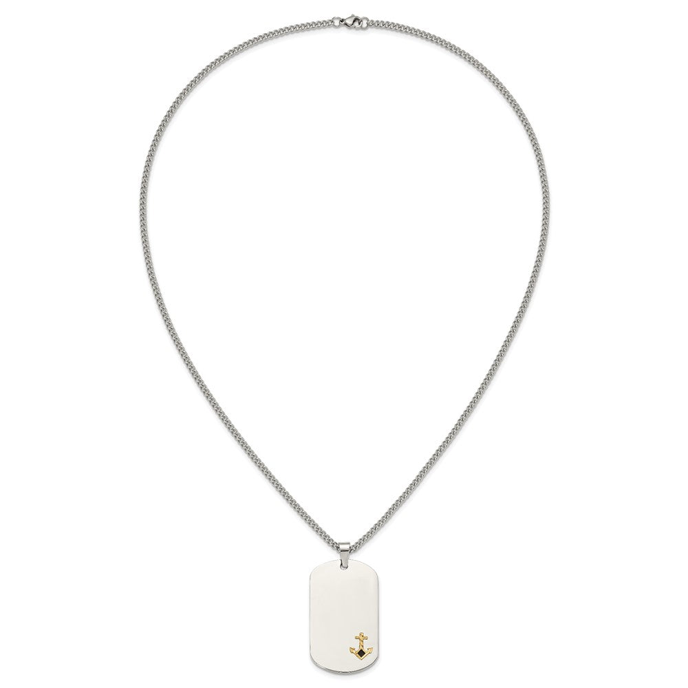 Chisel Stainless Steel Polished with Diamond-cut 14K Gold Accent Anchor with Black Enameled Dog Tag on a 24 inch Curb Chain NecklaceSRN3165-24