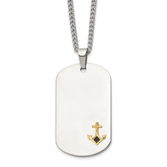 Chisel Stainless Steel Polished with Diamond-cut 14K Gold Accent Anchor with Black Enameled Dog Tag on a 24 inch Curb Chain NecklaceSRN3165-24