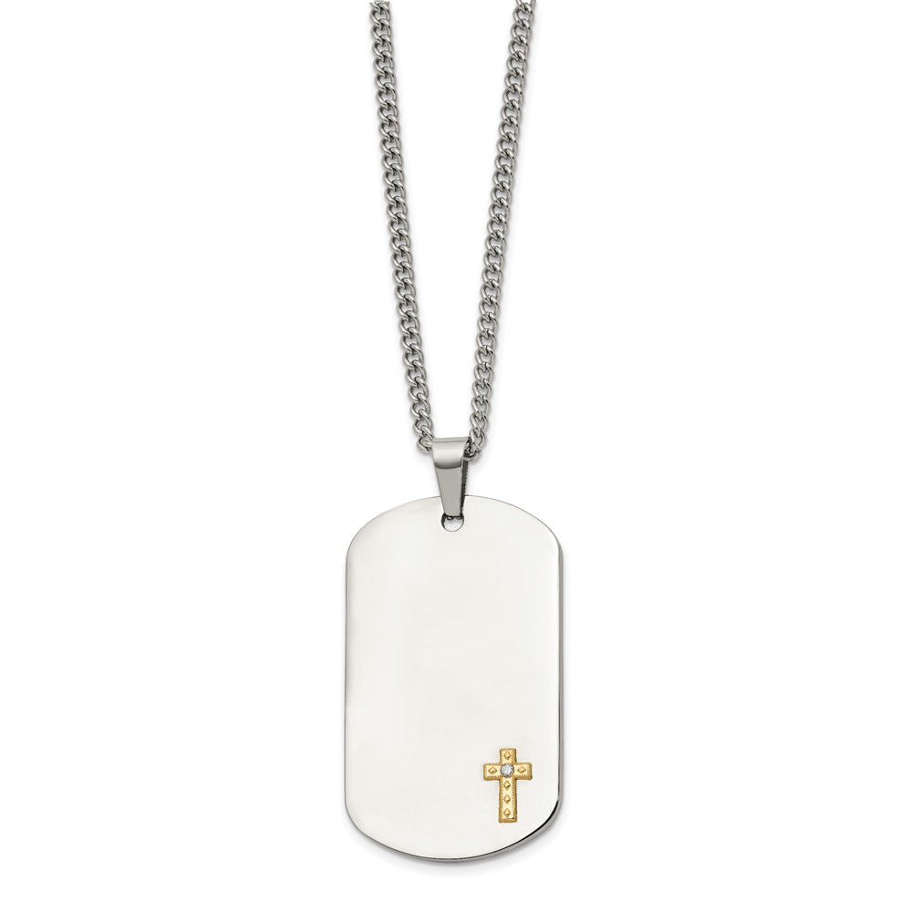 Chisel Stainless Steel Polished with 14K Gold Accent and .02 ct. Diamond Cross Dog Tag on a 24 inch Curb Chain NecklaceSRN3166-24