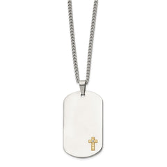 Chisel Stainless Steel Polished with 14K Gold Accent and .02 ct. Diamond Cross Dog Tag on a 24 inch Curb Chain NecklaceSRN3166-24