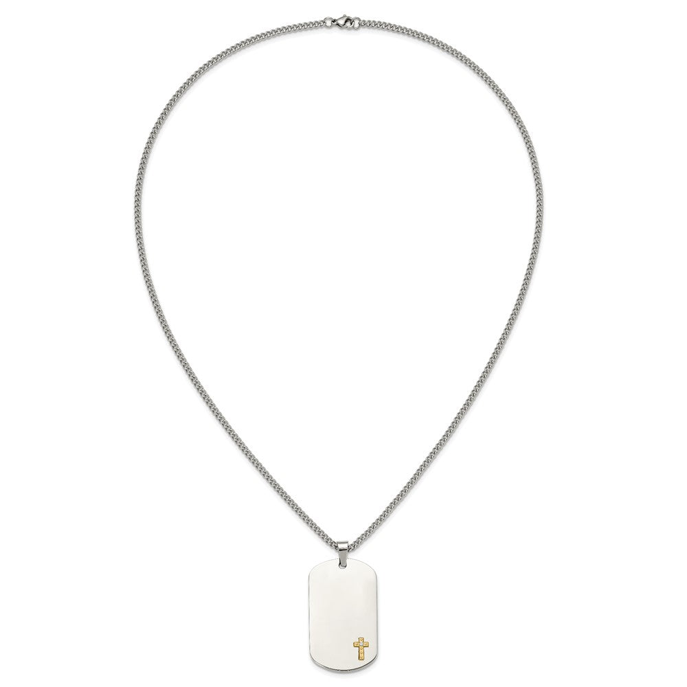 Chisel Stainless Steel Polished with 14K Gold Accent and .02 ct. Diamond Cross Dog Tag on a 24 inch Curb Chain NecklaceSRN3166-24