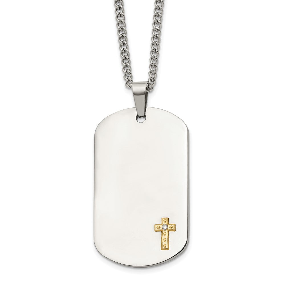 Chisel Stainless Steel Polished with 14K Gold Accent and .02 ct. Diamond Cross Dog Tag on a 24 inch Curb Chain NecklaceSRN3166-24