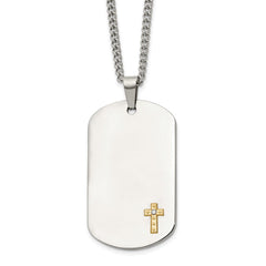 Chisel Stainless Steel Polished with 14K Gold Accent and .02 ct. Diamond Cross Dog Tag on a 24 inch Curb Chain NecklaceSRN3166-24