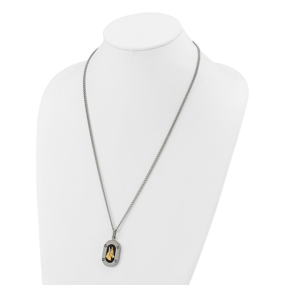 Chisel Stainless Steel Polished with 14K Gold Accent Horse Head with Black Enameled Pendant on a 24 inch Cable NecklaceSRN3170-24