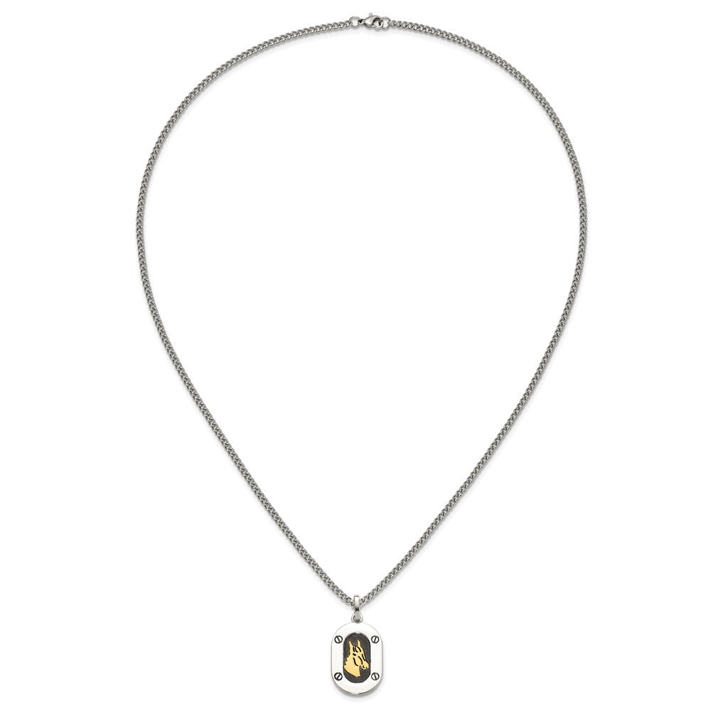 Chisel Stainless Steel Polished with 14K Gold Accent Horse Head with Black Enameled Pendant on a 24 inch Cable NecklaceSRN3170-24