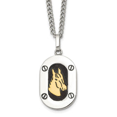 Chisel Stainless Steel Polished with 14K Gold Accent Horse Head with Black Enameled Pendant on a 24 inch Cable NecklaceSRN3170-24