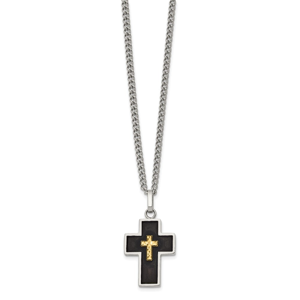 Chisel Stainless Steel Polished with Diamond-cut 14K Gold Accent with Black Enamel Cross Pendant on a 24 inch Curb Chain NecklaceSRN3174-24