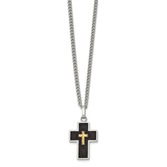 Chisel Stainless Steel Polished with Diamond-cut 14K Gold Accent with Black Enamel Cross Pendant on a 24 inch Curb Chain NecklaceSRN3174-24
