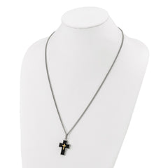 Chisel Stainless Steel Polished with Diamond-cut 14K Gold Accent with Black Enamel Cross Pendant on a 24 inch Curb Chain NecklaceSRN3174-24