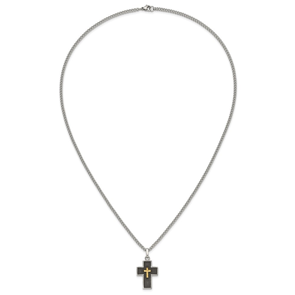 Chisel Stainless Steel Polished with Diamond-cut 14K Gold Accent with Black Enamel Cross Pendant on a 24 inch Curb Chain NecklaceSRN3174-24