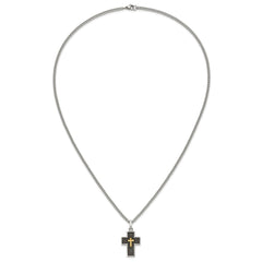 Chisel Stainless Steel Polished with Diamond-cut 14K Gold Accent with Black Enamel Cross Pendant on a 24 inch Curb Chain NecklaceSRN3174-24