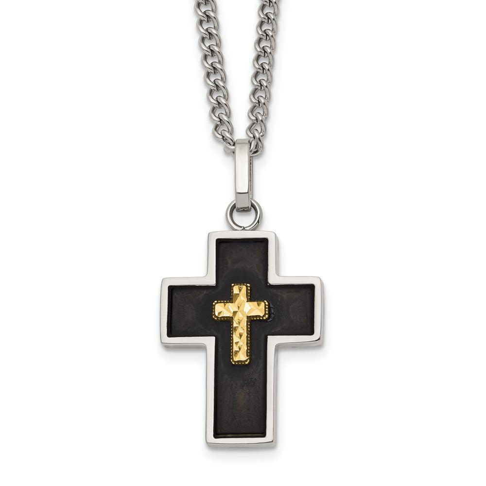 Chisel Stainless Steel Polished with Diamond-cut 14K Gold Accent with Black Enamel Cross Pendant on a 24 inch Curb Chain NecklaceSRN3174-24
