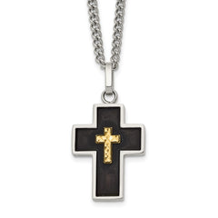 Chisel Stainless Steel Polished with Diamond-cut 14K Gold Accent with Black Enamel Cross Pendant on a 24 inch Curb Chain NecklaceSRN3174-24