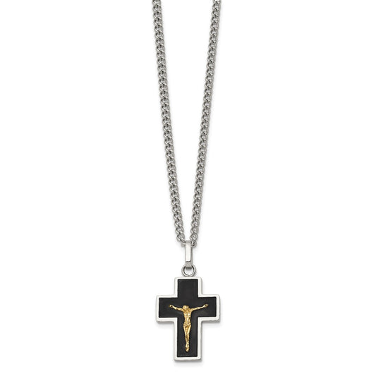 Chisel Stainless Steel Polished with 14K Gold Accent with Black Enamel Crucifix Pendant on a 24 inch Curb Chain NecklaceSRN3175-24