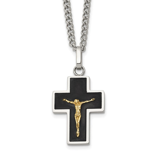 Chisel Stainless Steel Polished with 14K Gold Accent with Black Enamel Crucifix Pendant on a 24 inch Curb Chain NecklaceSRN3175-24