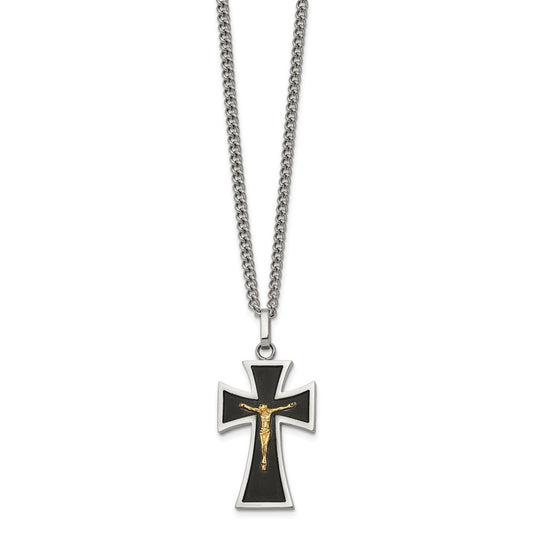 Chisel Stainless Steel Polished with 14K Gold Accent with Black Enamel Crucifix Pendant on a 24 inch Curb Chain NecklaceSRN3176-24