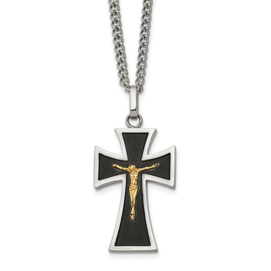 Chisel Stainless Steel Polished with 14K Gold Accent with Black Enamel Crucifix Pendant on a 24 inch Curb Chain NecklaceSRN3176-24