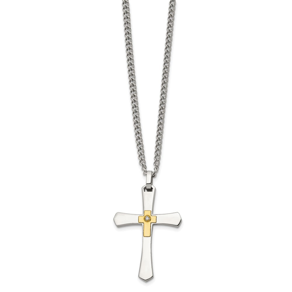 Chisel Stainless Steel Polished with 14K Gold Accent and 3pt. Diamond Cross Pendant on a 24 inch Curb Chain NecklaceSRN3178-24