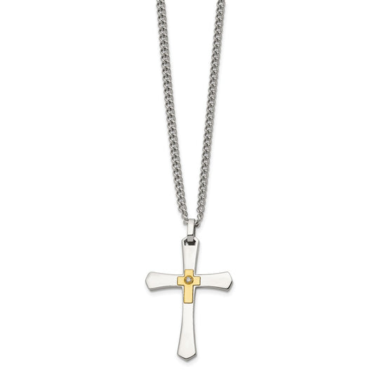Chisel Stainless Steel Polished with 14K Gold Accent and 3pt. Diamond Cross Pendant on a 24 inch Curb Chain NecklaceSRN3178-24