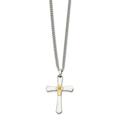 Chisel Stainless Steel Polished with 14K Gold Accent and 3pt. Diamond Cross Pendant on a 24 inch Curb Chain NecklaceSRN3178-24