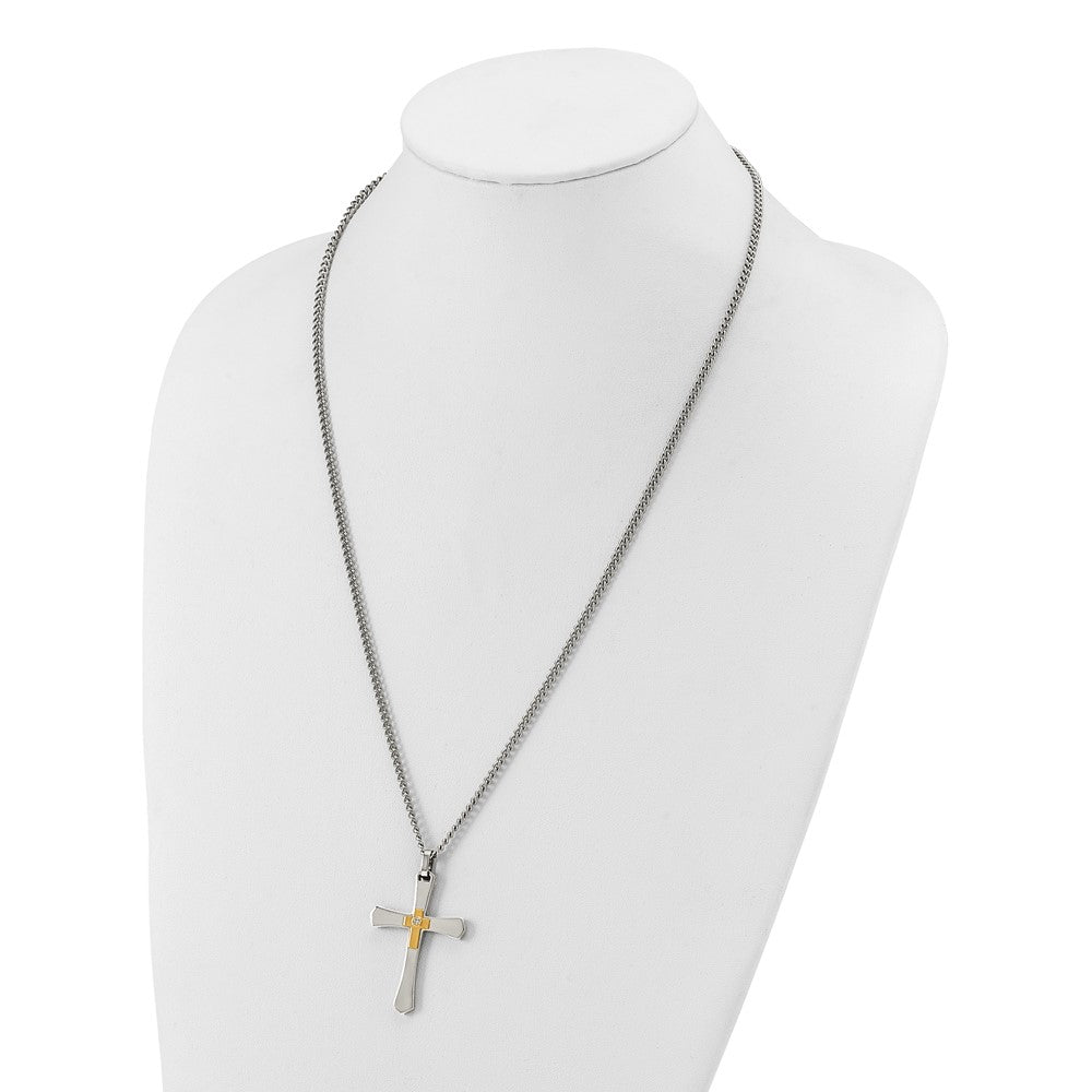 Chisel Stainless Steel Polished with 14K Gold Accent and 3pt. Diamond Cross Pendant on a 24 inch Curb Chain NecklaceSRN3178-24