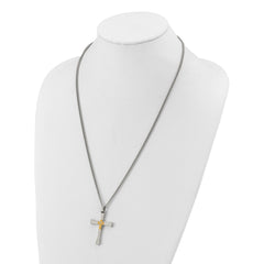 Chisel Stainless Steel Polished with 14K Gold Accent and 3pt. Diamond Cross Pendant on a 24 inch Curb Chain NecklaceSRN3178-24