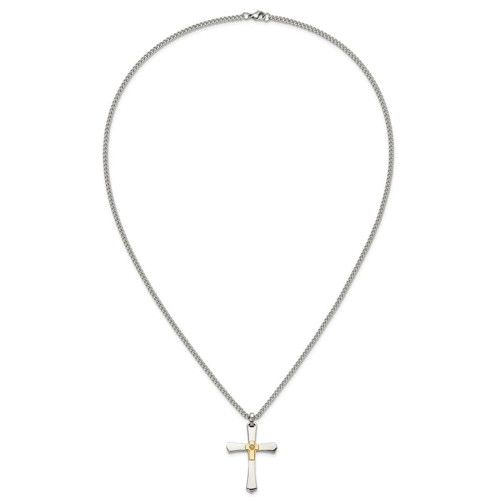 Chisel Stainless Steel Polished with 14K Gold Accent and 3pt. Diamond Cross Pendant on a 24 inch Curb Chain NecklaceSRN3178-24