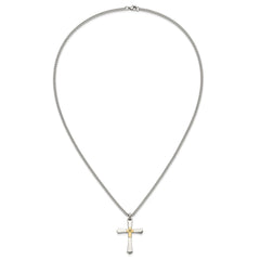 Chisel Stainless Steel Polished with 14K Gold Accent and 3pt. Diamond Cross Pendant on a 24 inch Curb Chain NecklaceSRN3178-24
