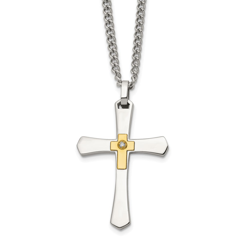 Chisel Stainless Steel Polished with 14K Gold Accent and 3pt. Diamond Cross Pendant on a 24 inch Curb Chain NecklaceSRN3178-24