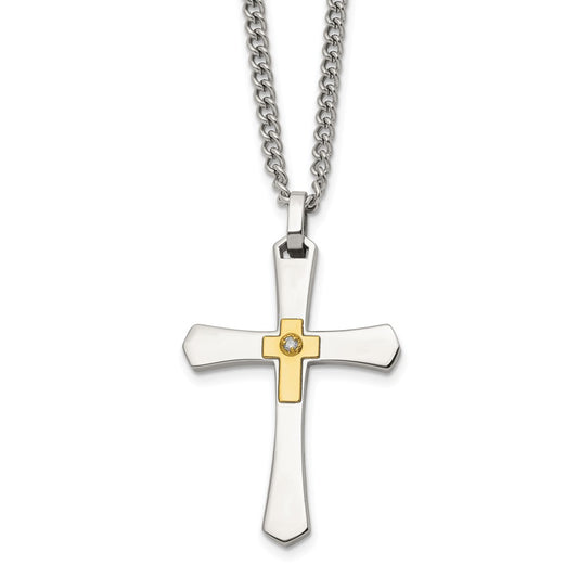 Chisel Stainless Steel Polished with 14K Gold Accent and 3pt. Diamond Cross Pendant on a 24 inch Curb Chain NecklaceSRN3178-24