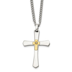 Chisel Stainless Steel Polished with 14K Gold Accent and 3pt. Diamond Cross Pendant on a 24 inch Curb Chain NecklaceSRN3178-24